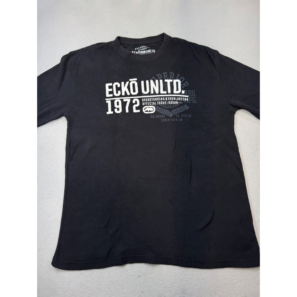 Ecko Unltd Mens XL Black Waffle Knit Thermal Long Sleeve Graphic T-Shirt Rhino